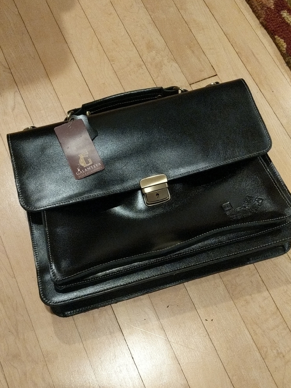NWT European Belarus Black Leather Briefcase with Front Lock